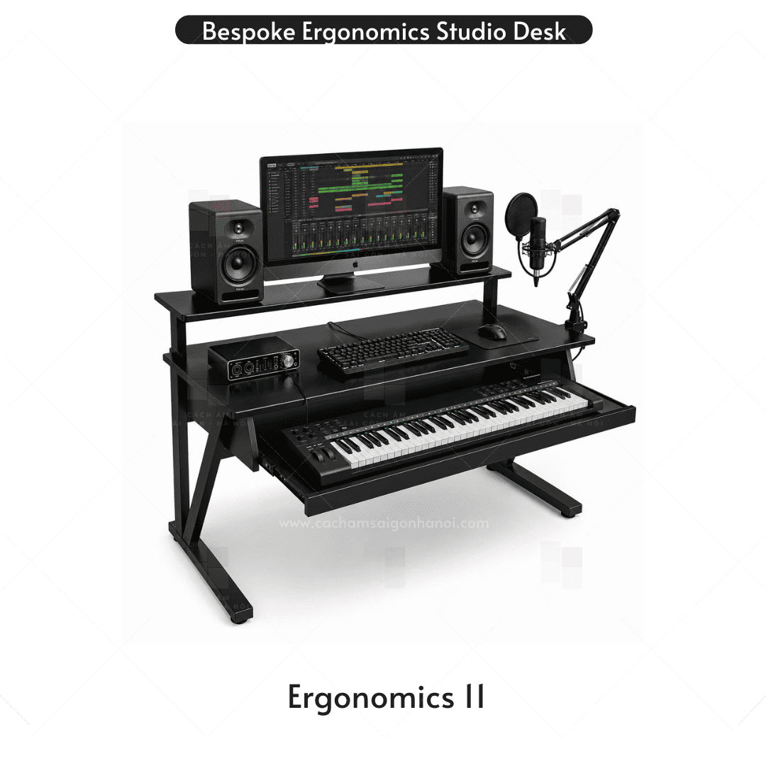 Bàn phòng thu âm Ergonomics 11 setup hoàn chỉnh với màn hình, loa kiểm âm và đàn MIDI Keyboard.