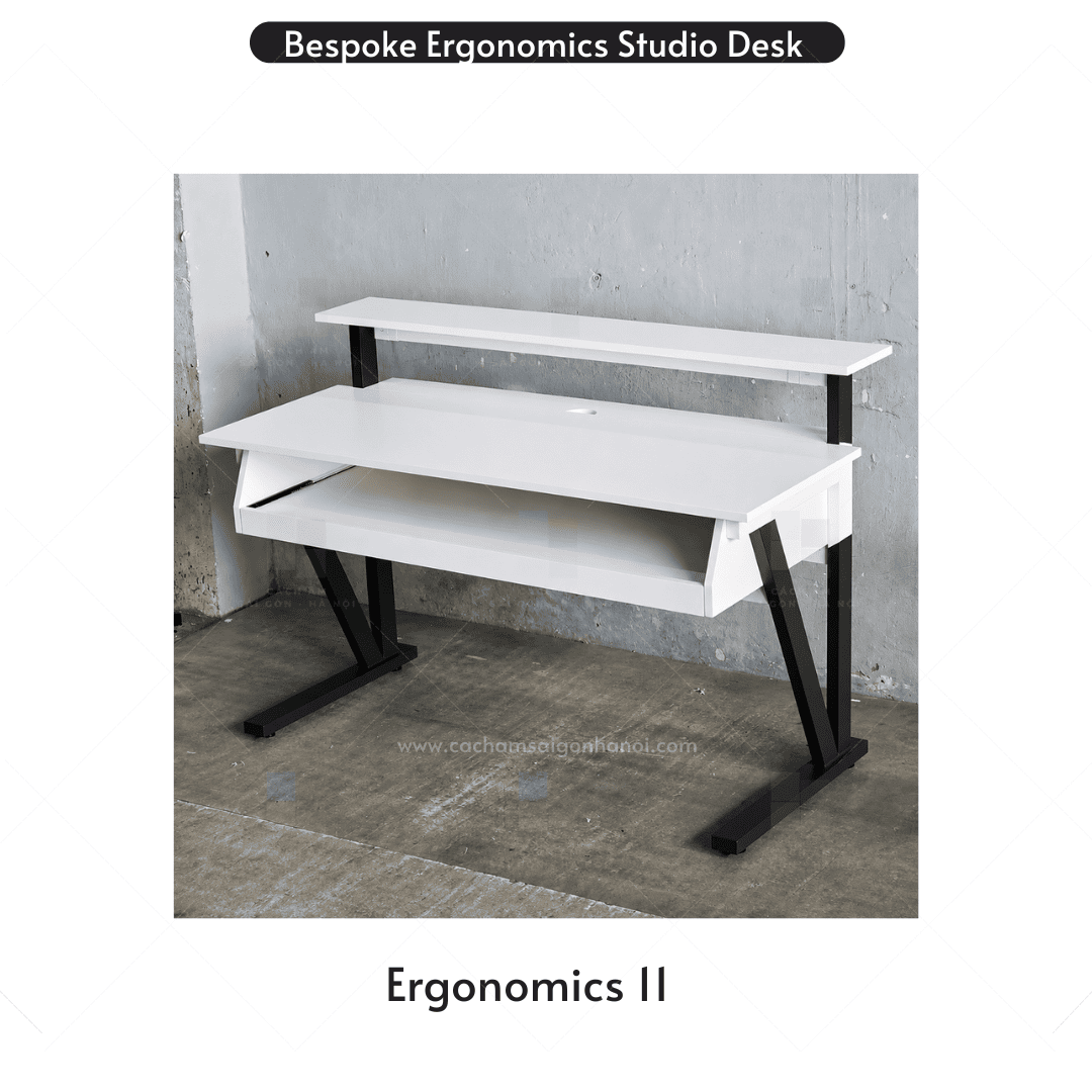 Bàn Studio Desk Ergonomics 11 màu trắng khung thép đen thiết kế hiện đại cho phòng thu âm.