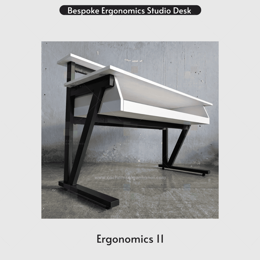 Góc nhìn nghiêng của bàn Studio Desk Ergonomics 11 dành cho producer và home studio.