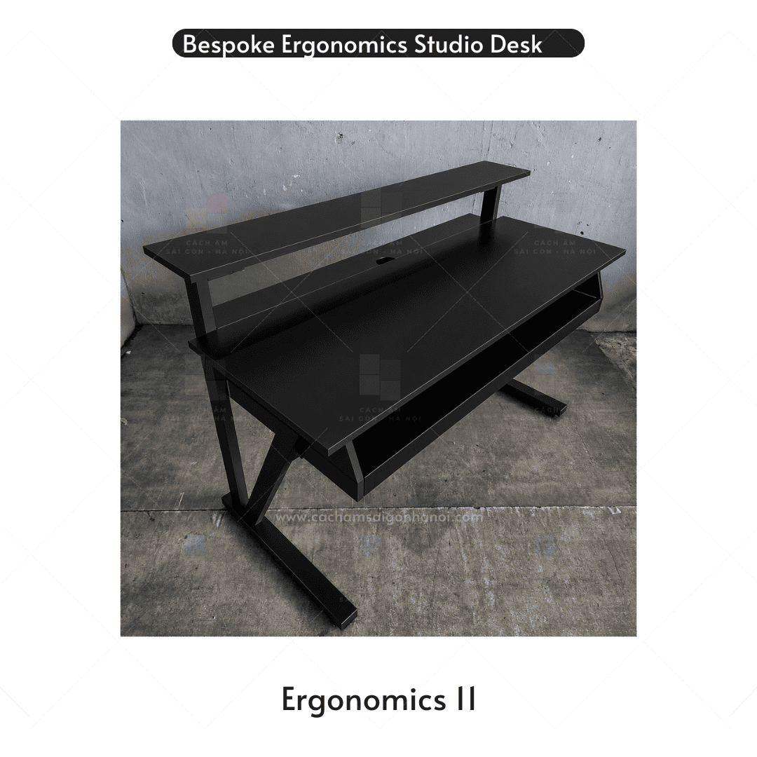 Bàn phòng thu âm Ergonomics 11 màu đen với kệ màn hình monitor chuyên nghiệp.