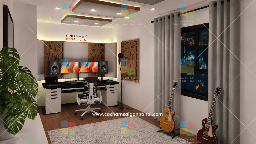 Không gian Home Studio với guitar trưng bày và rèm cách âm