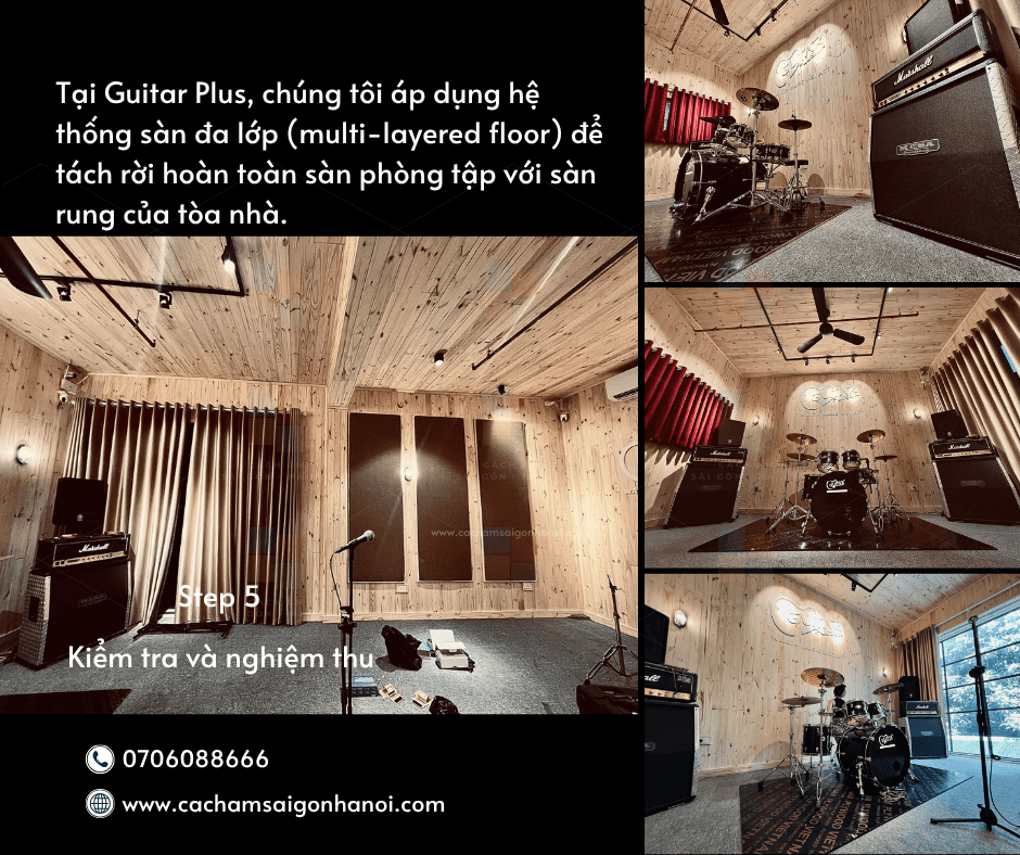 Không gian phòng tập Guitar Plus sau khi hoàn thiện hệ thống Floating Floor chống rung tại COMPLEX 01 Hà Nội