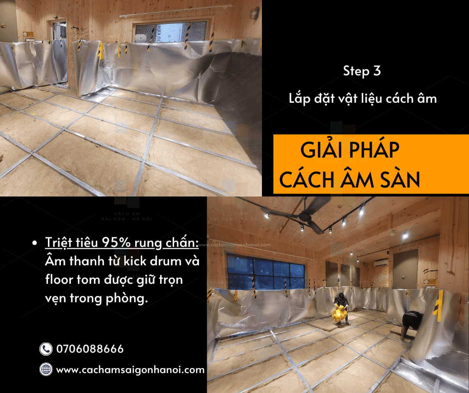 Lắp đặt vật liệu cách âm mật độ cao trong hệ thống Floating Floor chống rung sàn Guitar Plus