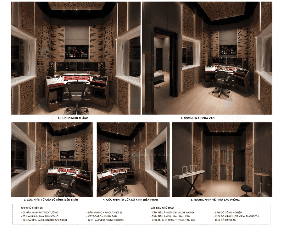 Control Room Music Production Studio tại Xuân Thủy Cầu Giấy Hà Nội với bàn mixing chuyên nghiệp và hệ tiêu âm gỗ CNC