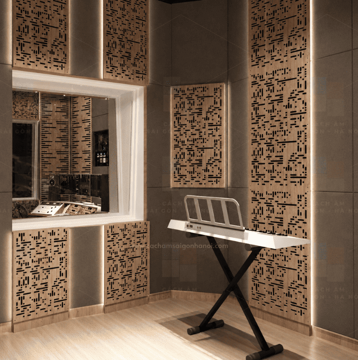 Recording Room Music Production Studio tại Xuân Thủy Cầu Giấy với keyboard và tiêu âm gỗ CNC