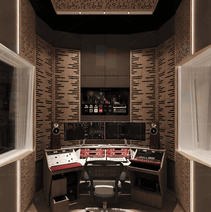Recording Room Music Production Studio tại Xuân Thủy Cầu Giấy với keyboard và tiêu âm gỗ CNC
