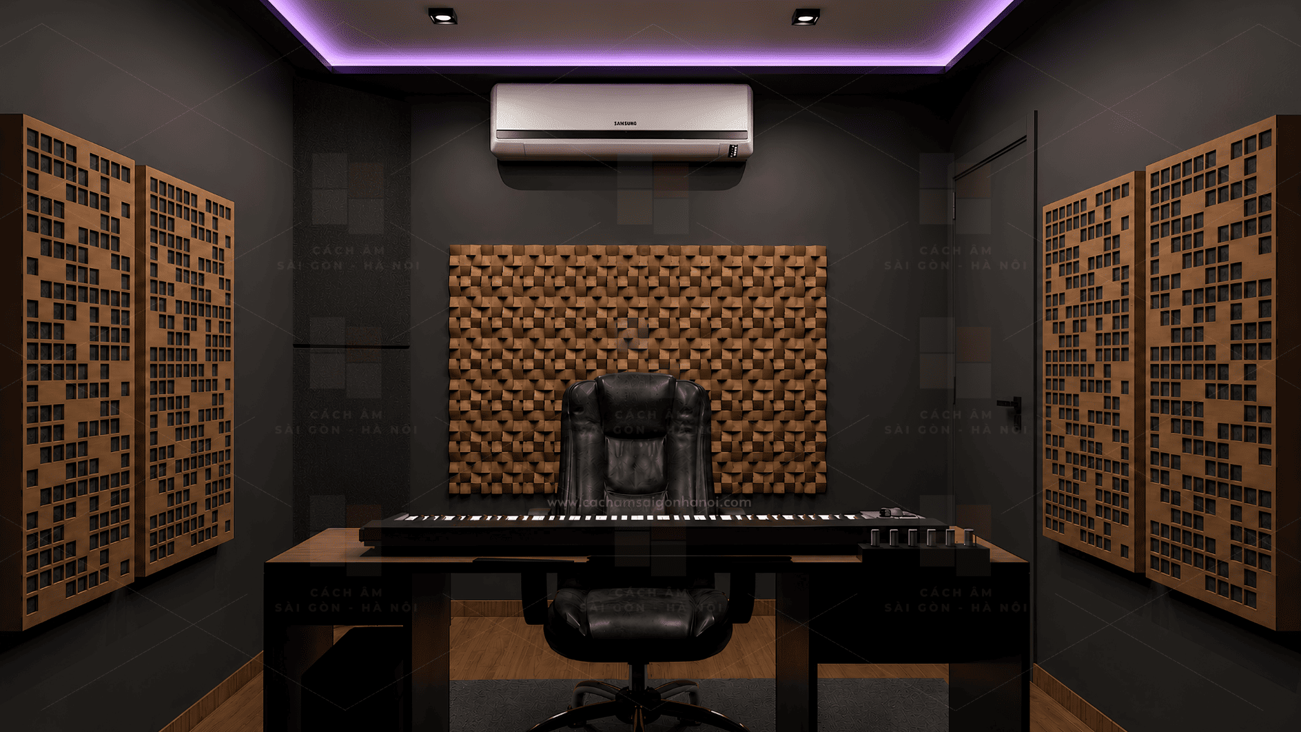 Tấm khuếch tán âm gỗ tại tường sau Mixing Room Thanh Trì