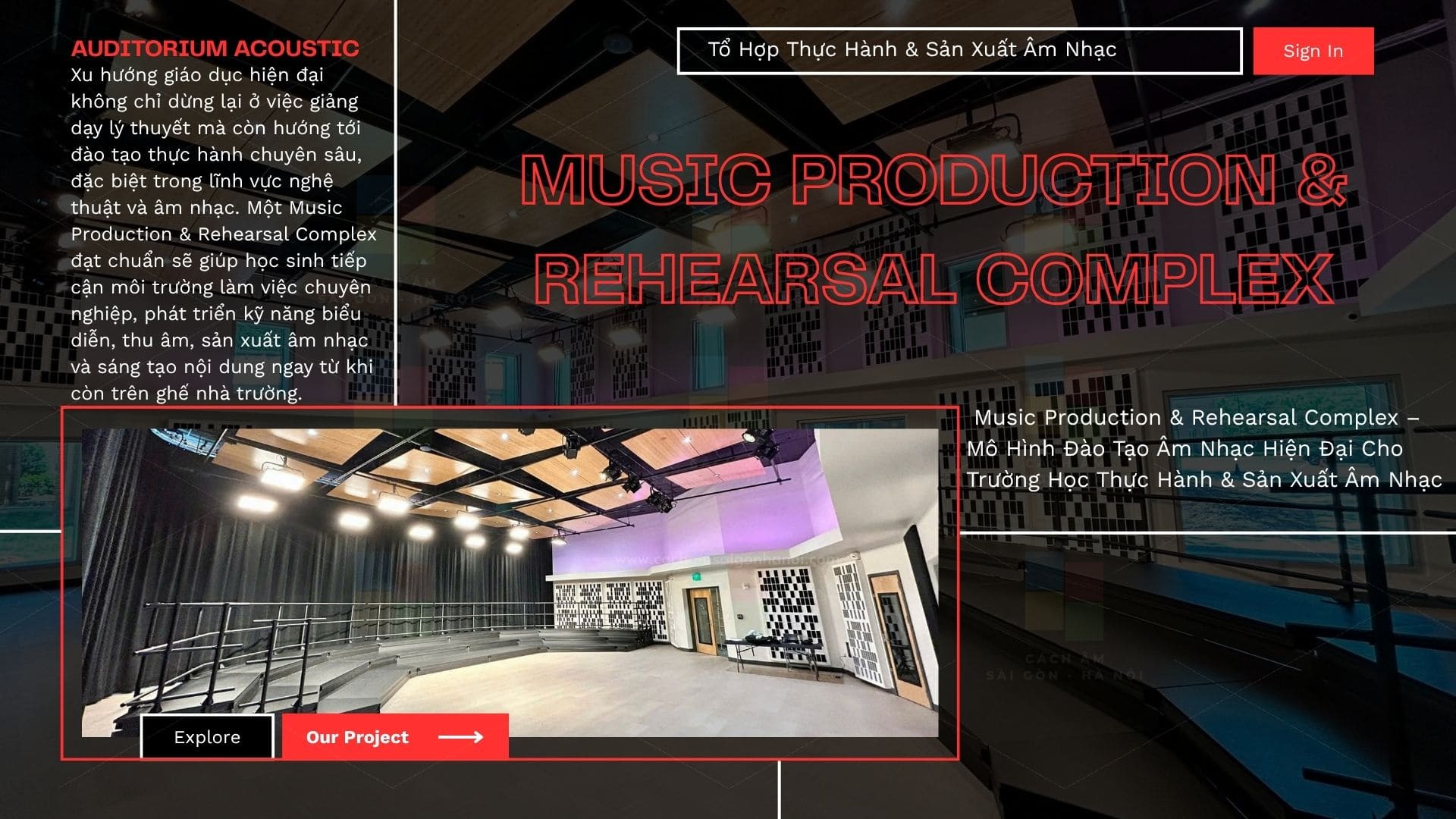Tổ hợp Music Production & Rehearsal Complex tại trường học Bắc Ninh gồm Auditorium Acoustic và Recording Studio hiện đại