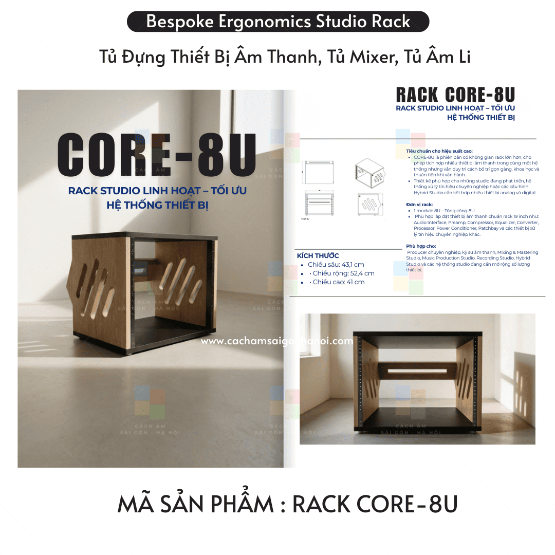 Thông số tham khảo RACK CORE-8U với dung lượng 8U, chiều rộng 52,4 cm, chiều sâu 43,1 cm và chiều cao 41 cm.