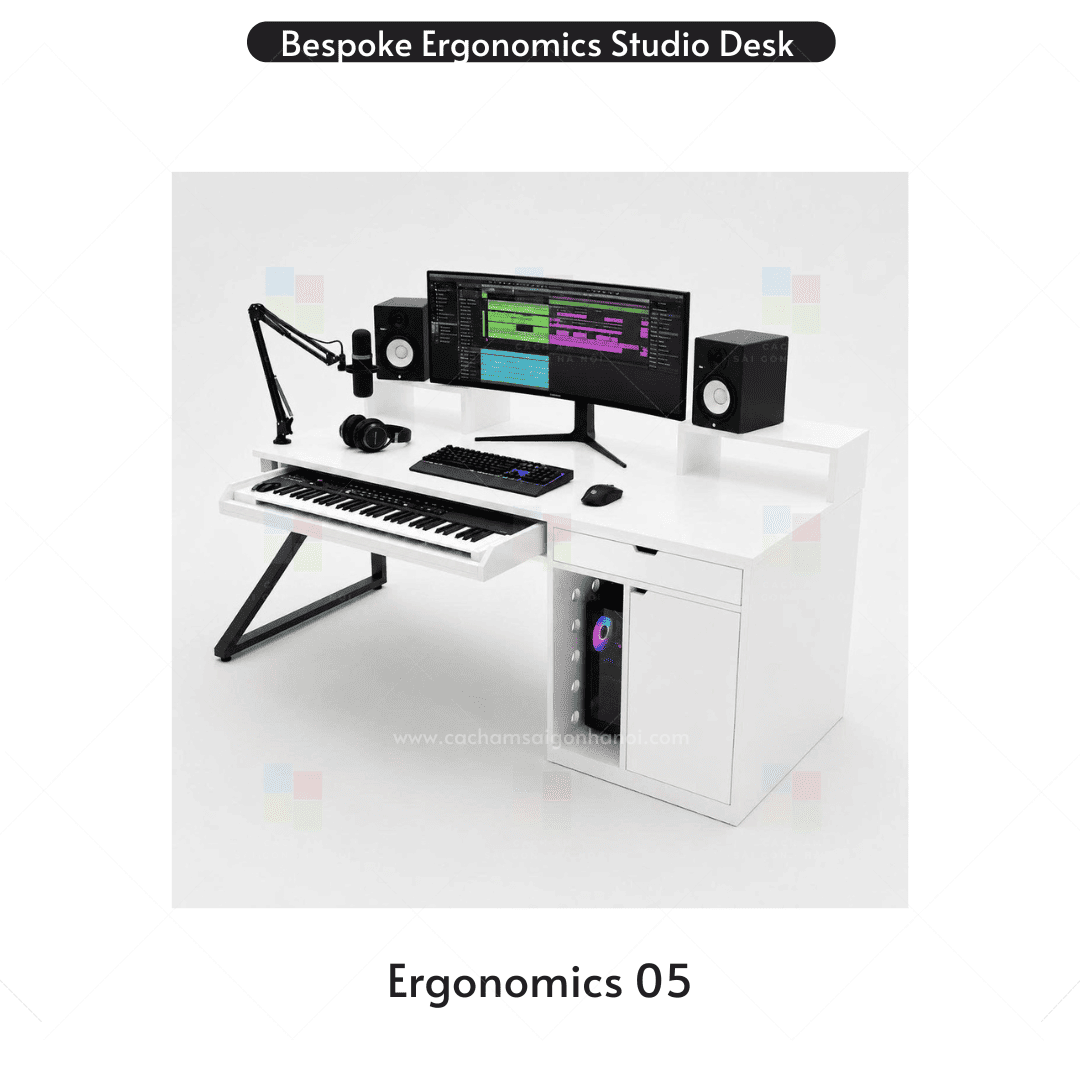Mặt sau bàn phòng thu Ergonomics 05 có khoang CPU và ngăn kéo