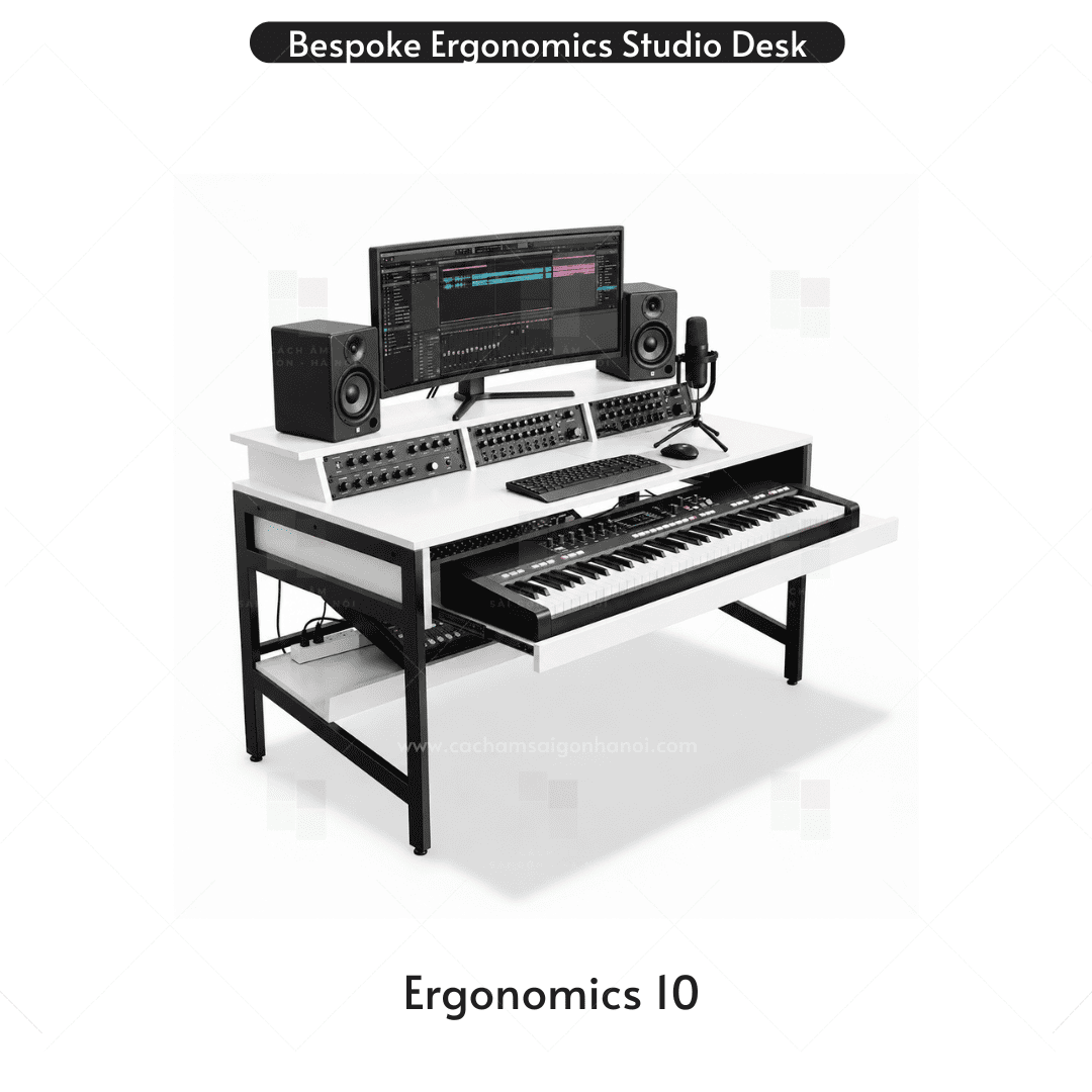 Bàn phòng thu âm Ergonomics 10 màu trắng tích hợp MIDI Keyboard và hệ thống rack audio chuyên nghiệp