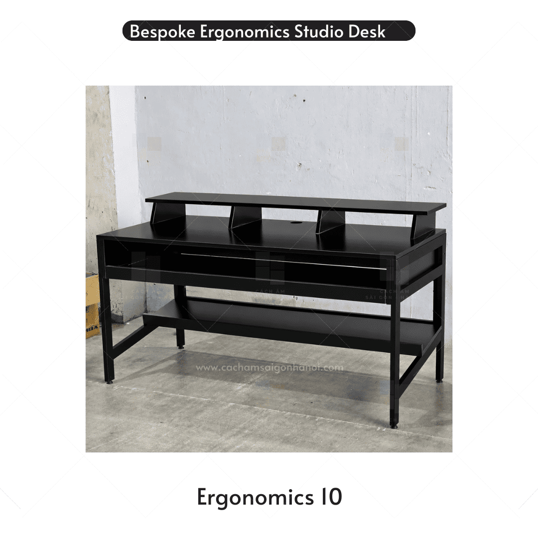 Bàn phòng thu Ergonomics 10 với khay kéo MIDI Keyboard và không gian thiết bị âm thanh