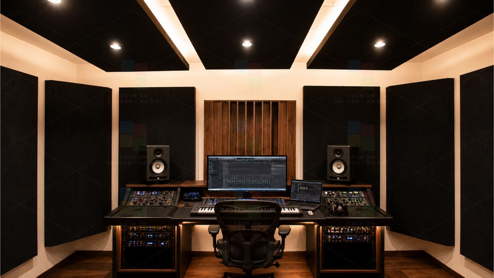 Góc nhìn chính phòng kiểm âm Mixing Studio với hệ thống monitor nearfield