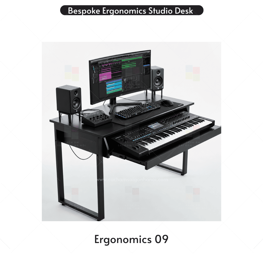 Studio Desk Ergonomics 09 màu đen thiết kế hiện đại với không gian đặt loa kiểm âm, màn hình và thiết bị thu âm