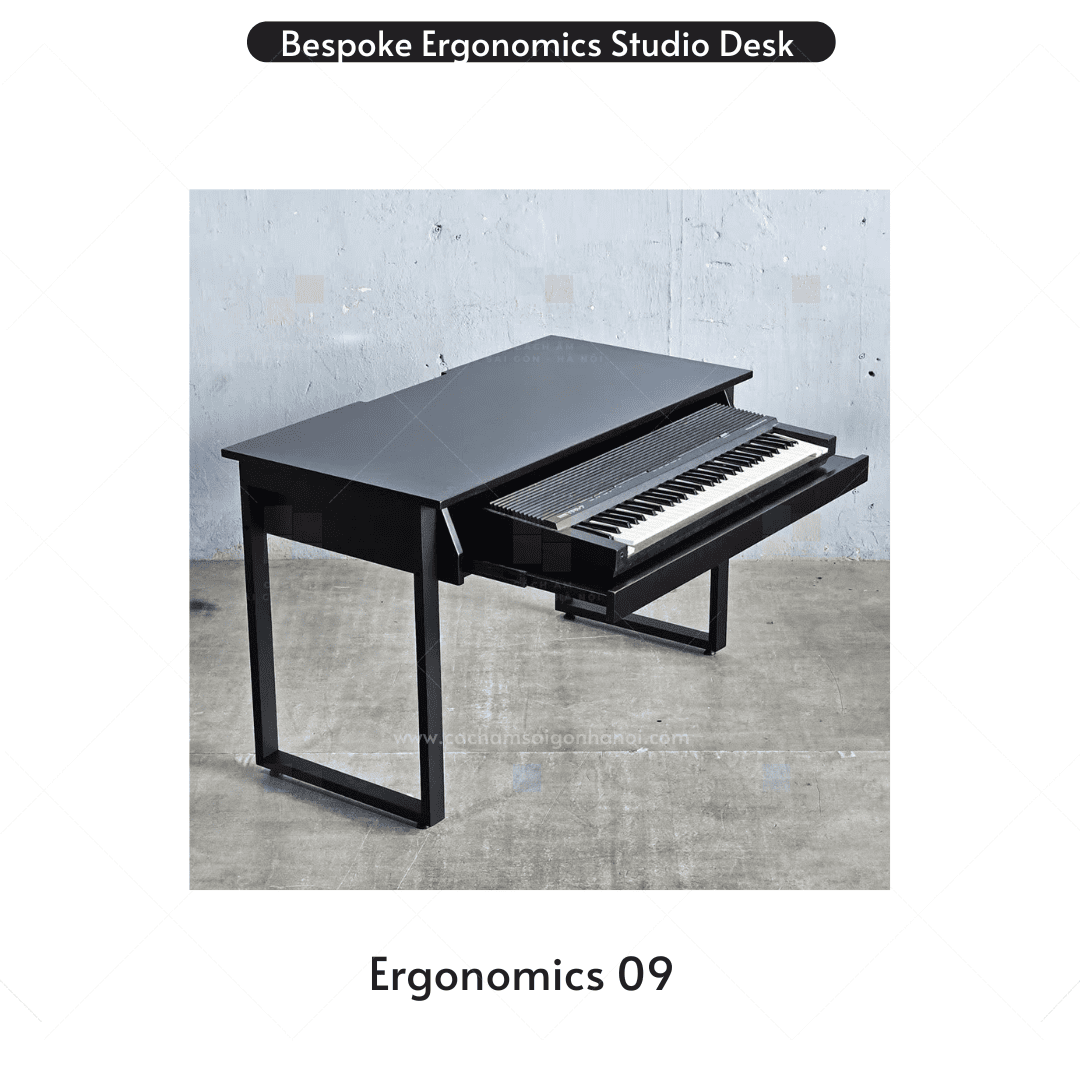 Bàn phòng thu Ergonomics 09 thiết kế tối giản với hệ thống đi dây gọn gàng và không gian lưu trữ thiết bị âm thanh