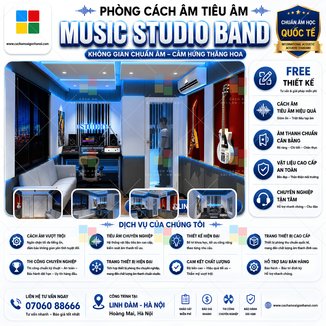 Thiết kế Music Band Studio Linh Đàm Hà Nội với hệ thống cách âm tiêu âm chuyên nghiệp