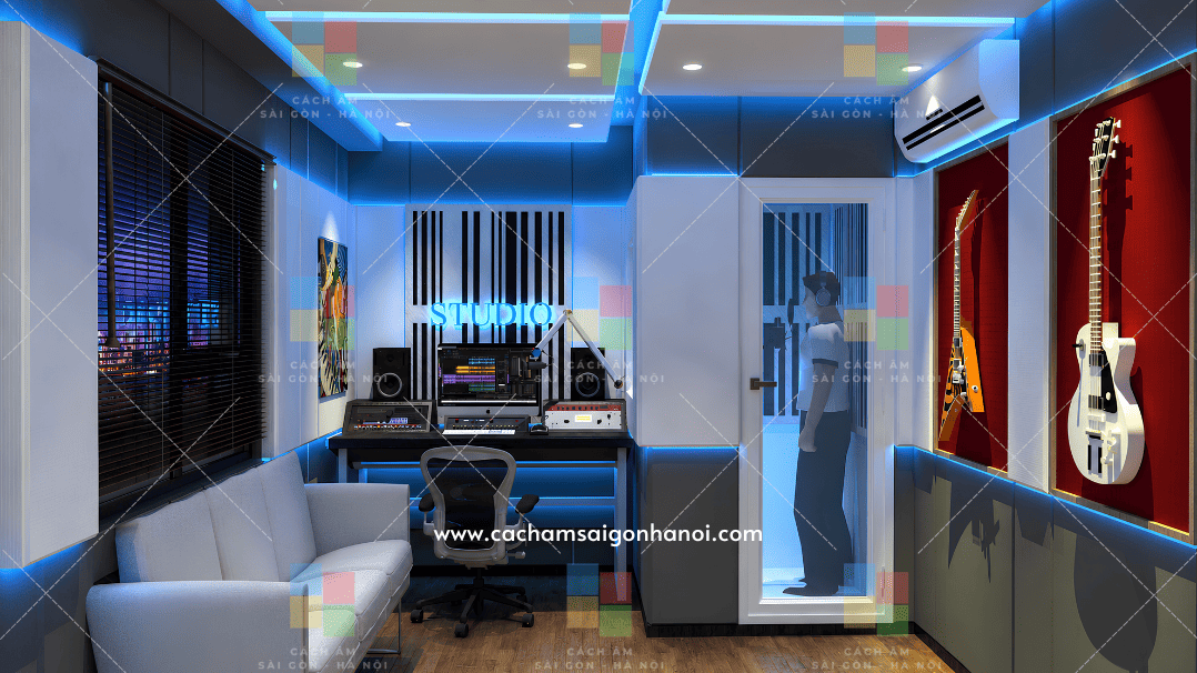 Control Room Music Band Studio Linh Đàm với hệ thống monitor kiểm âm chuyên nghiệp